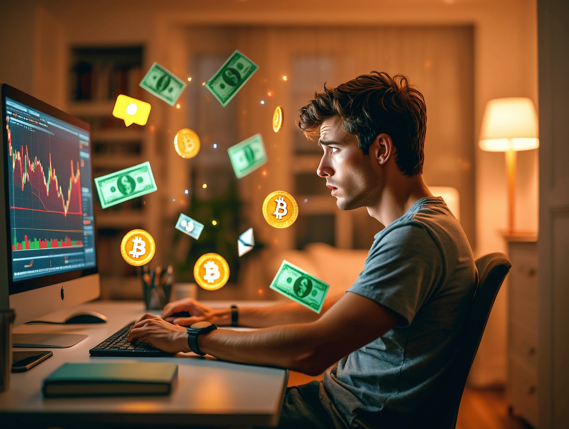 Persona preocupada delante del ordenador por posible estafa Cripto.