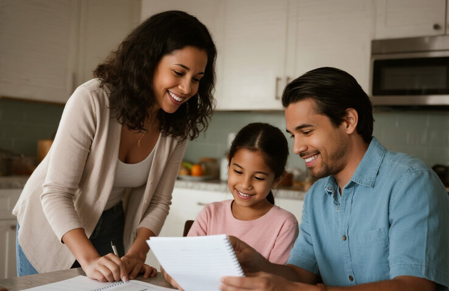 Familia consultando las notas para ver ahorros.