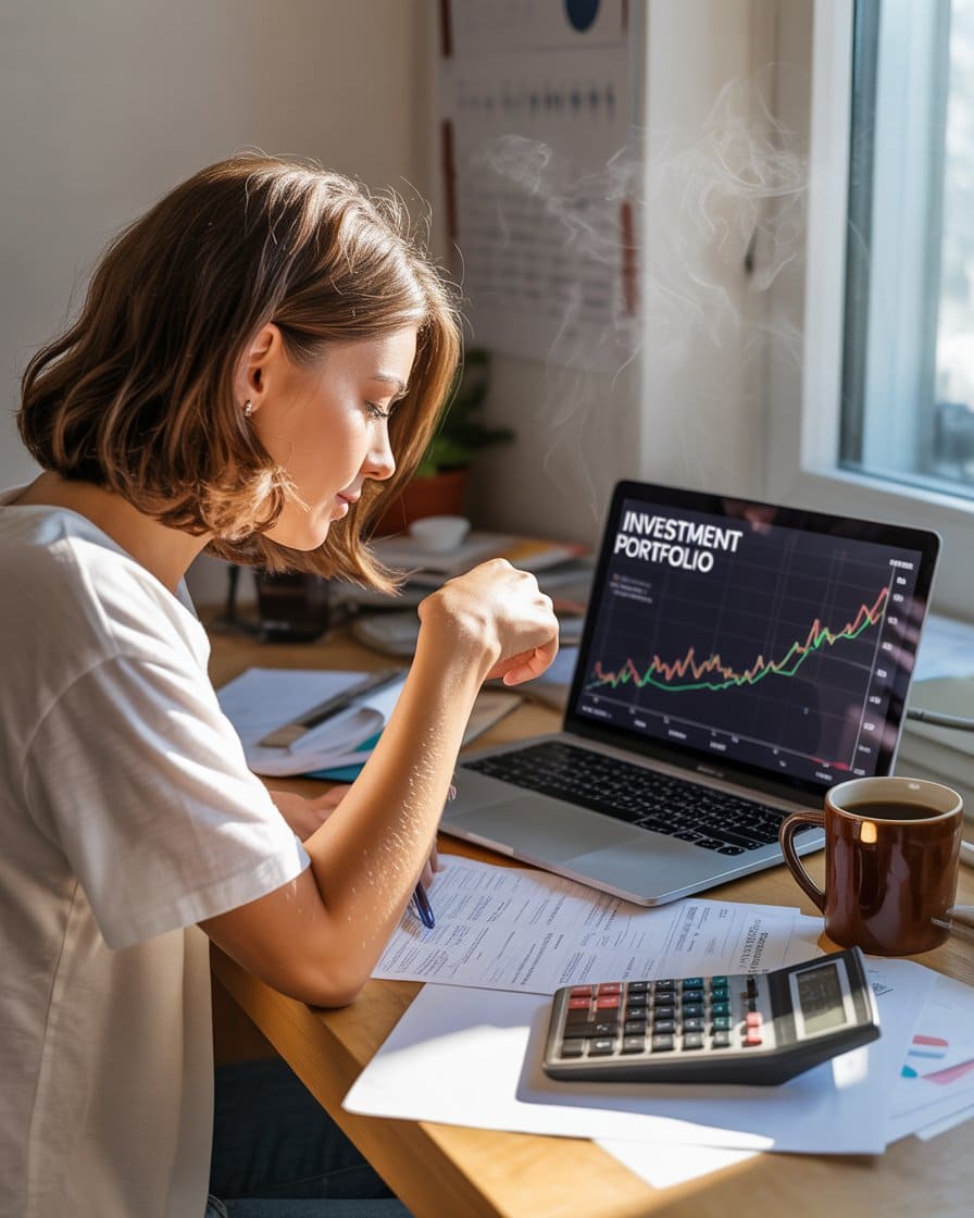 Mujer-delante-del-ordenador-y-papeles-alrededor