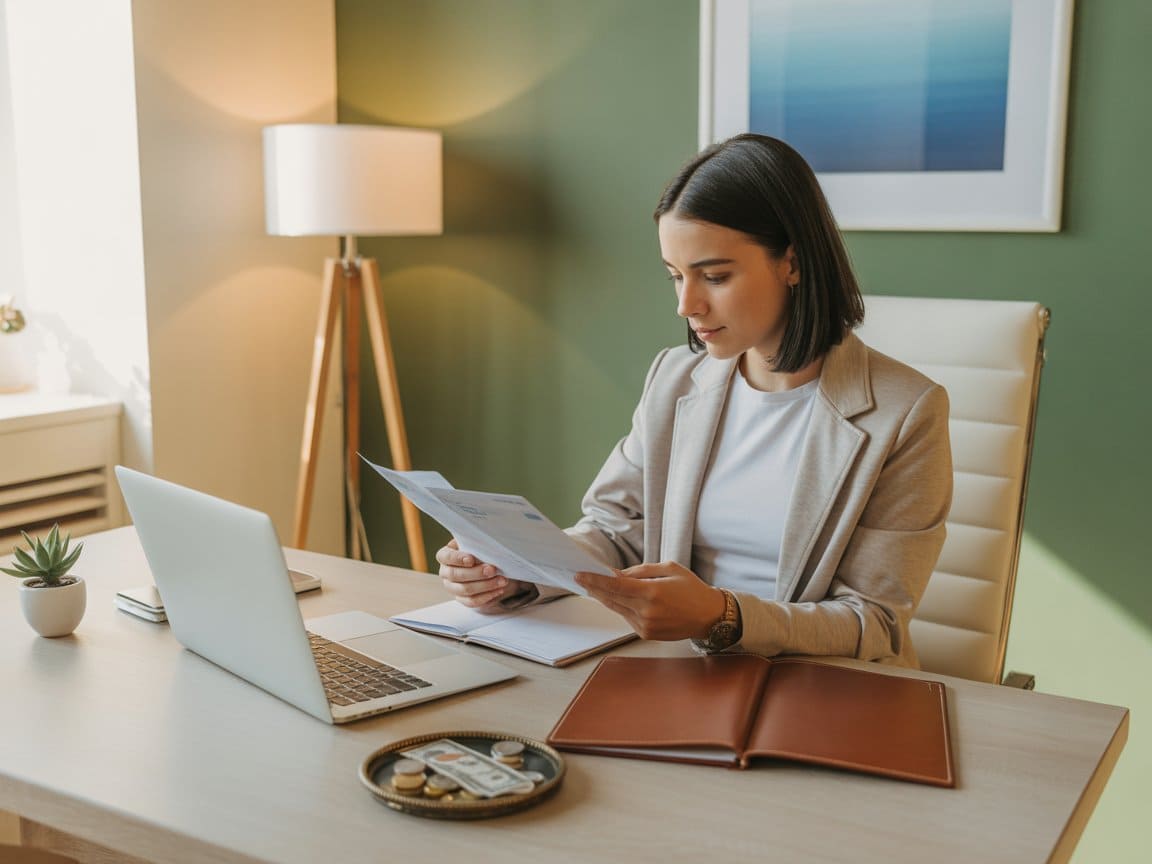 Mujer organizando sus ahorros delante del ordenador
