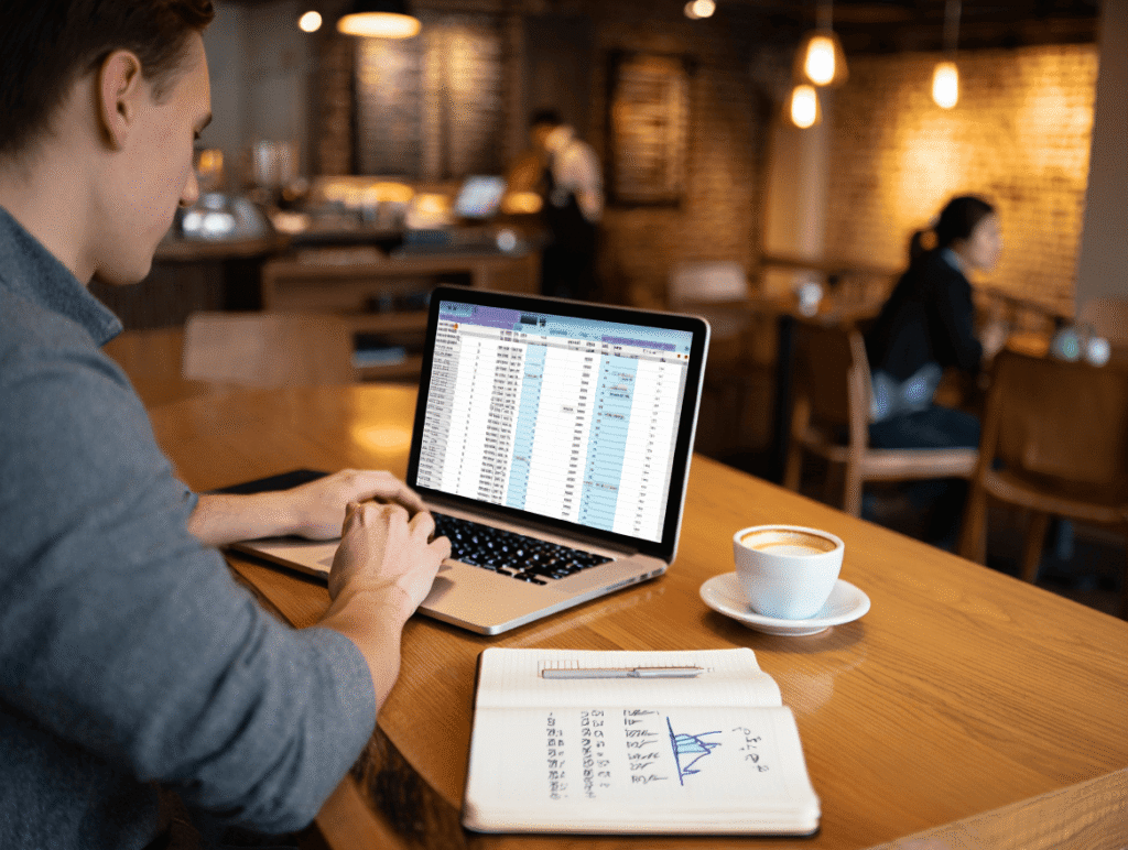 Persona trabajando con el ordenador en una cafeteria