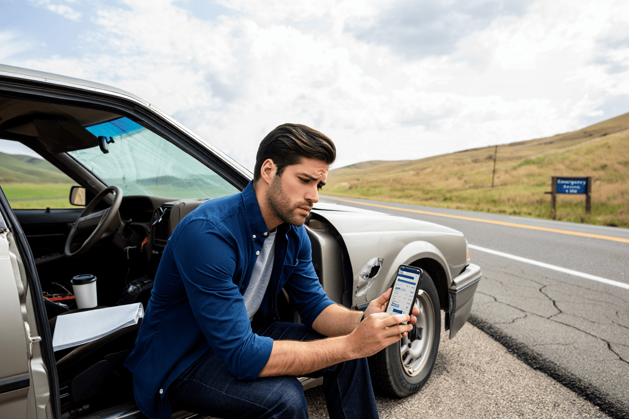 Hombre con movil en la mano y coche averiado