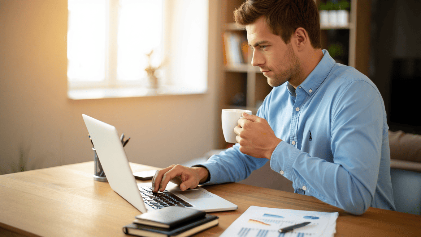 Hombre en oficina de su casa con su portátil