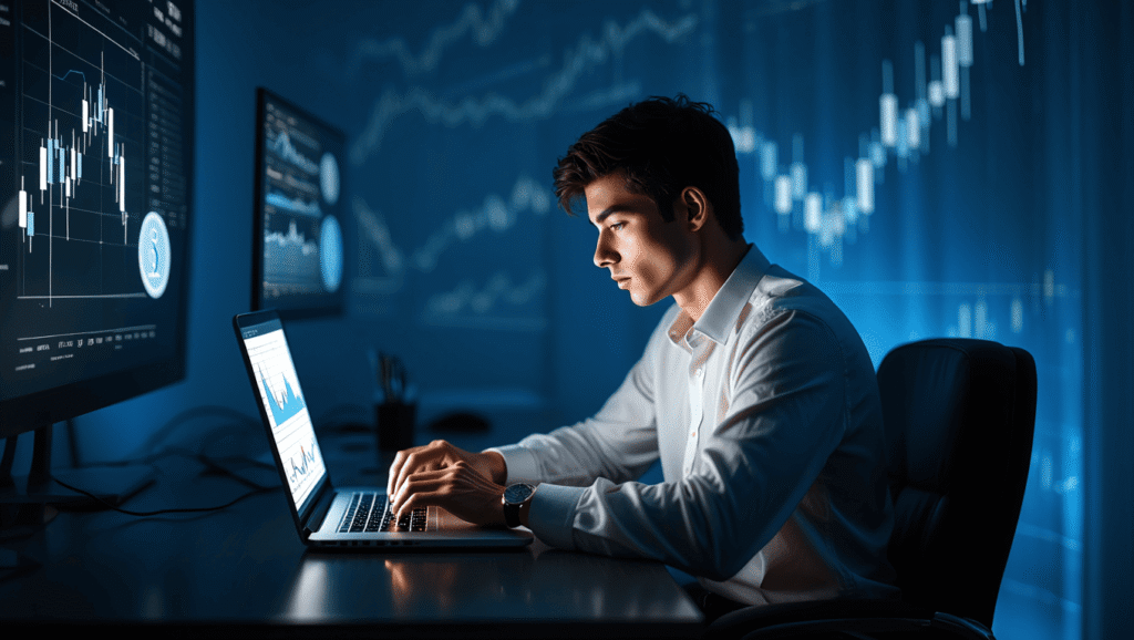 Hombre sentado en su escritorio enfrente del portatil