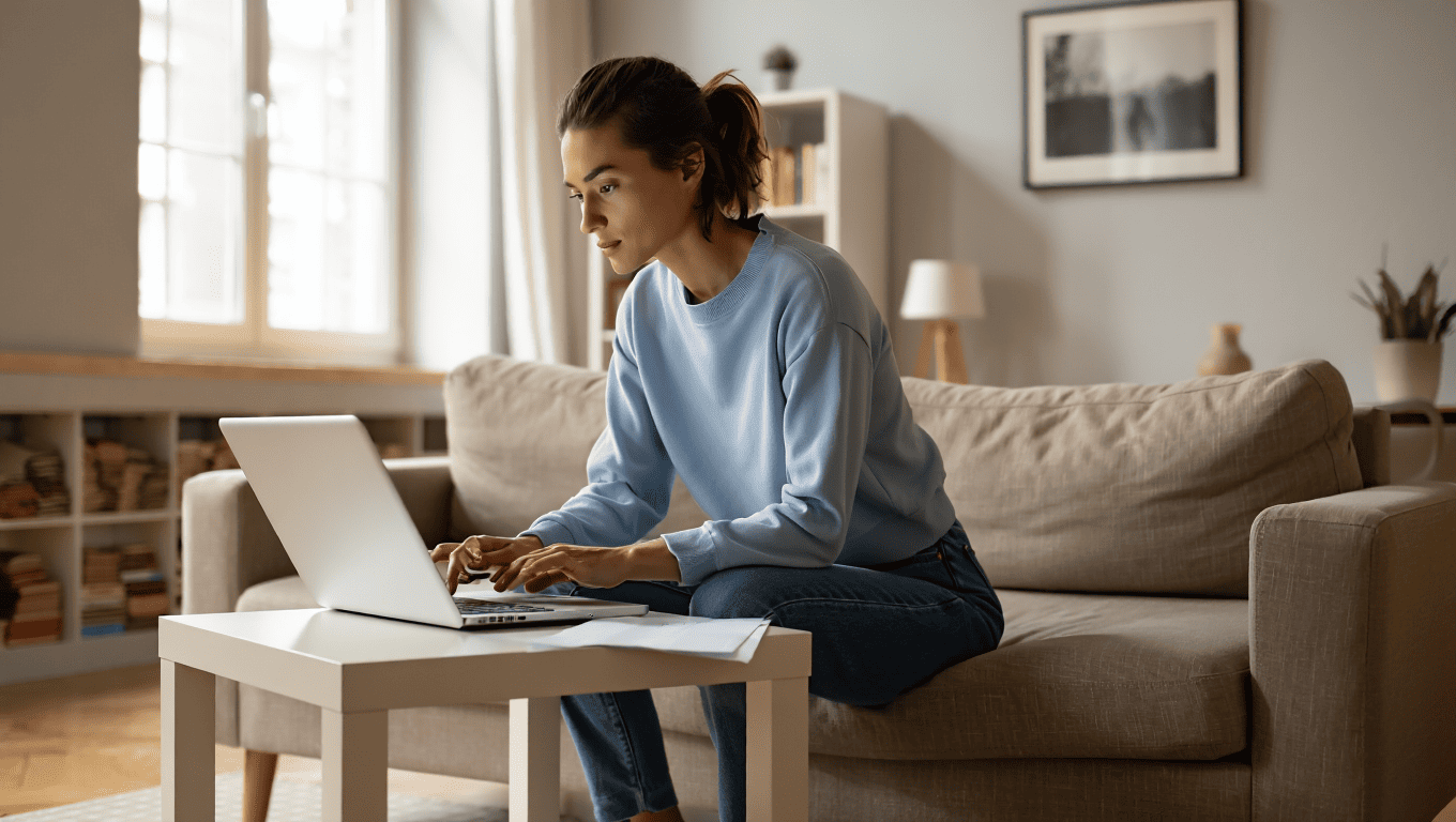Mujer en su salon con el portatil, utilizando un broker
