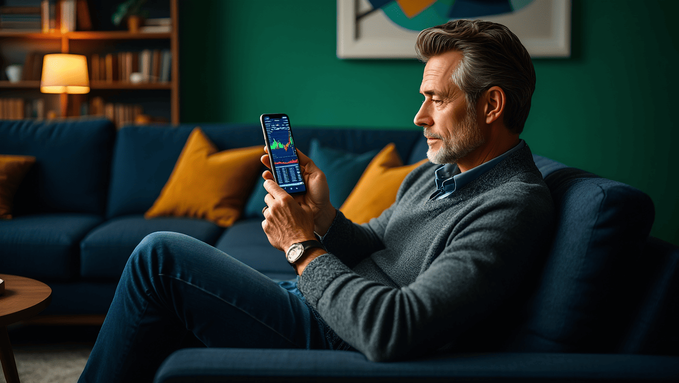 Persona sentada en el sofa conprobando una App en su movil
