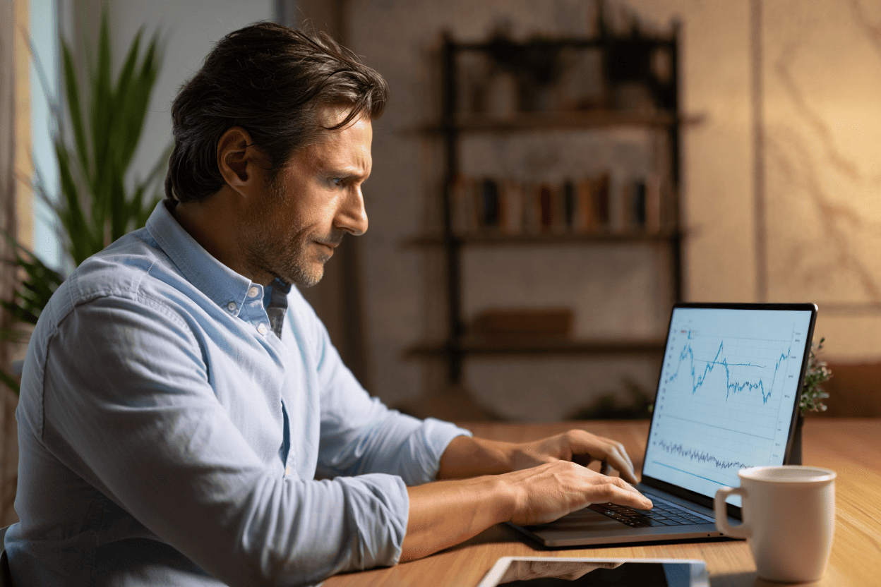 Hombre haciendo trading con su laptop