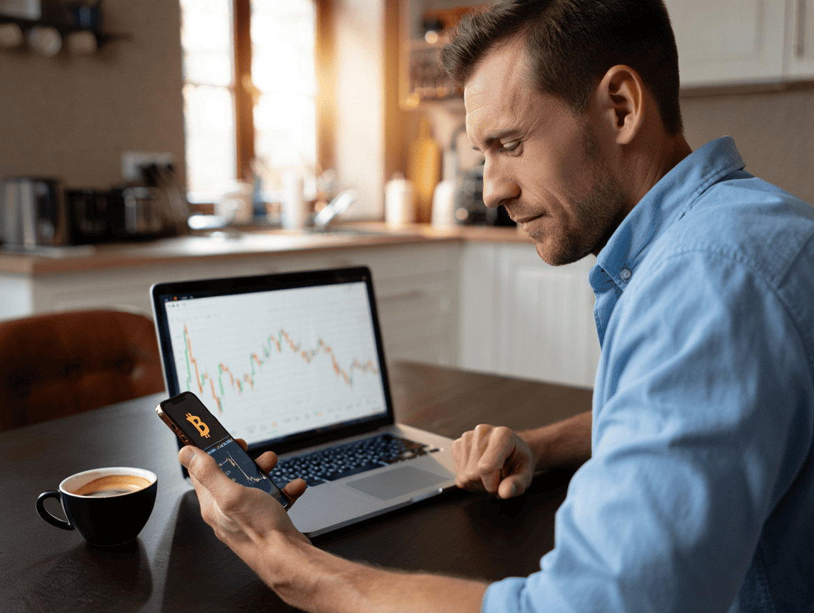 Hombre invirtiendo en cripto con su ordenador