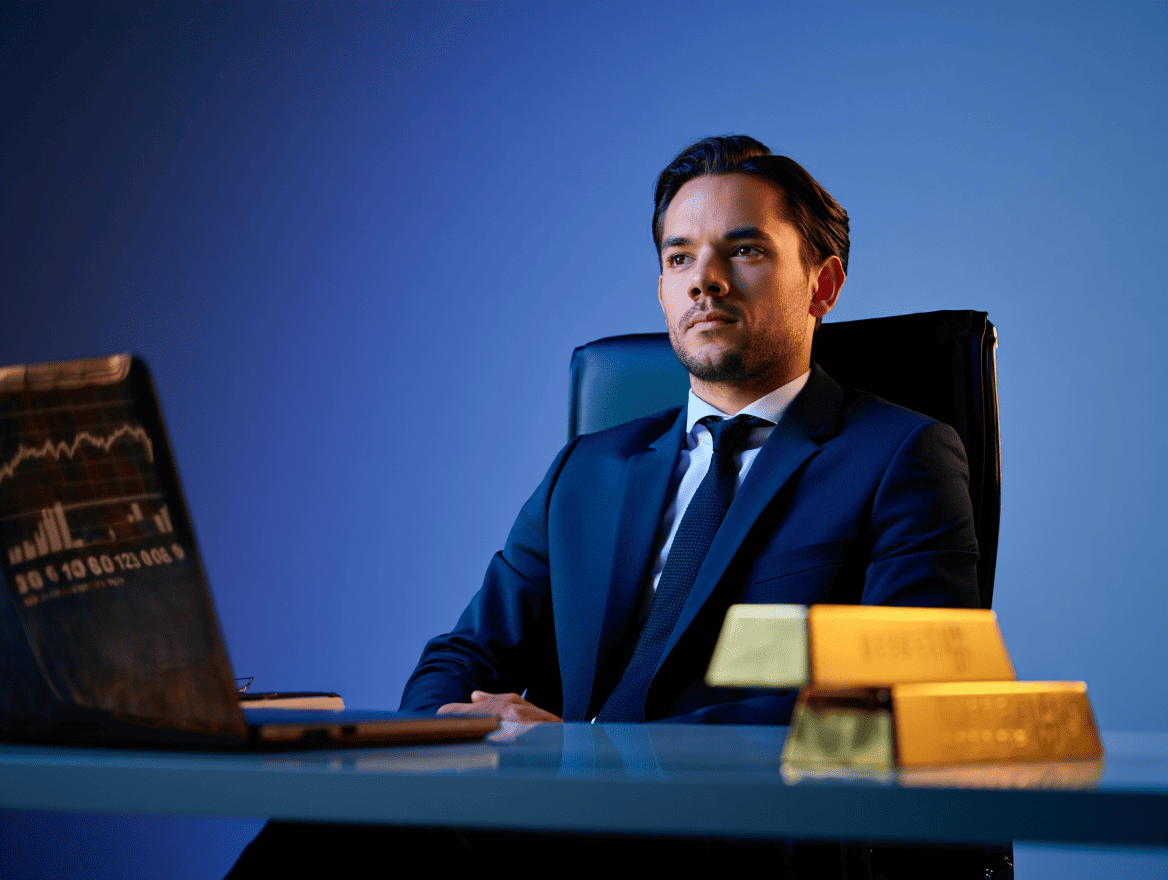 hombre con su portatil y lingotes de oro en la mesa